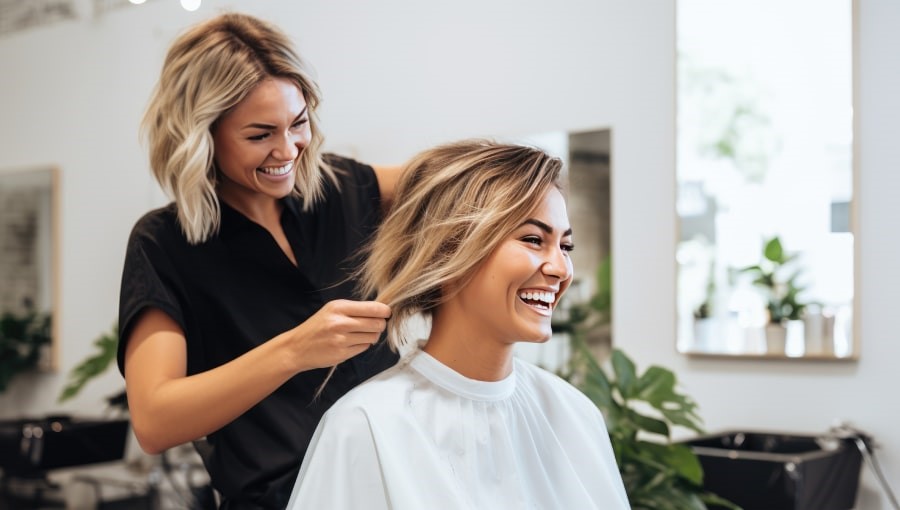 Beauty Salon Female Worker Curling Client's Hair